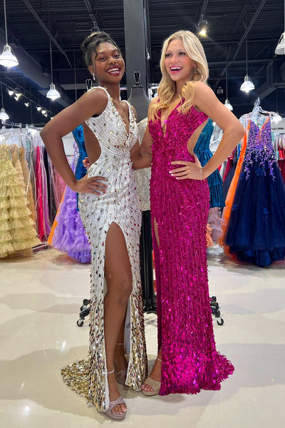 Fuchsia Deep V Neck Sequins Long Mermaid Homecoming Dresses with Slit DM24082806