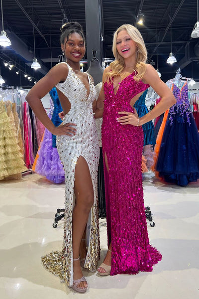 Fuchsia Deep V Neck Sequins Long Mermaid Homecoming Dresses with Slit DM24082806