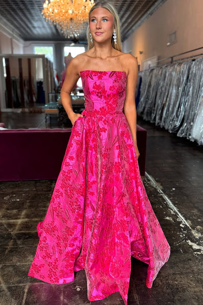 Gorgeous A Line Strapless Fuchsia Jacquard Satin Prom Dress with Pockets DM24122405-1