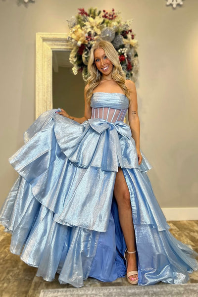 Gorgeous Ball Gown Strapless Light Blue Organza Slit Prom Dress with Bow DM24122408-1