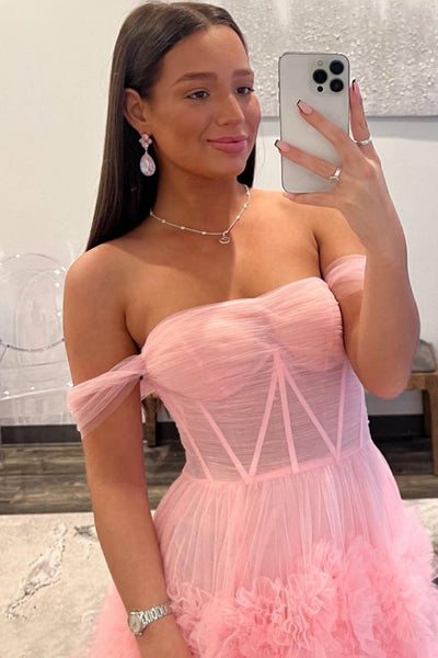 Gorgeous Ball Gown Off the Shoulder Pink Long Prom Dress