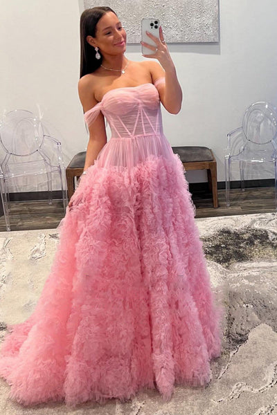 Gorgeous Ball Gown Off the Shoulder Pink Long Prom Dress