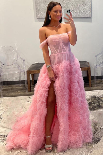 Gorgeous Ball Gown Off the Shoulder Pink Long Prom Dress