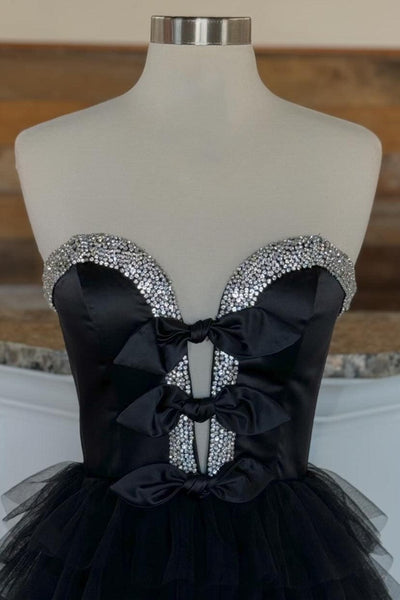 Sweet Ball Gown Sweetheart Black Tulle Ruffle Long Prom Dresses with Slit