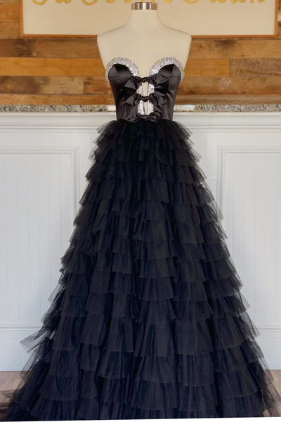 Sweet Ball Gown Sweetheart Black Tulle Ruffle Long Prom Dresses with Slit