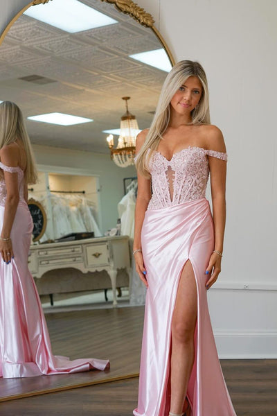 Mermaid Off the Shoulder Pink Satin Long Prom Dresses with Appliques DM24090609