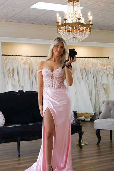 Mermaid Off the Shoulder Pink Satin Long Prom Dresses with Appliques DM24090609