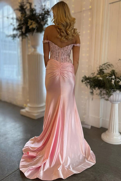 Mermaid Off the Shoulder Stretch Satin Slit Prom Dress DM25010405-2