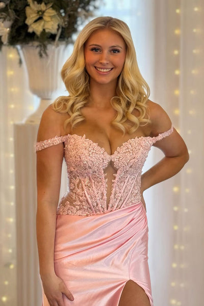 Mermaid Off the Shoulder Stretch Satin Slit Prom Dress DM25010405-3