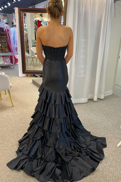 Mermaid Strapless Black Tiered Slit Prom Dress with Appliques DM25010402-2