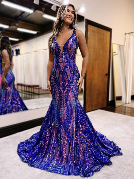 Purple Sequin Lace V Neck Mermaid Long Prom Dresses MD100303