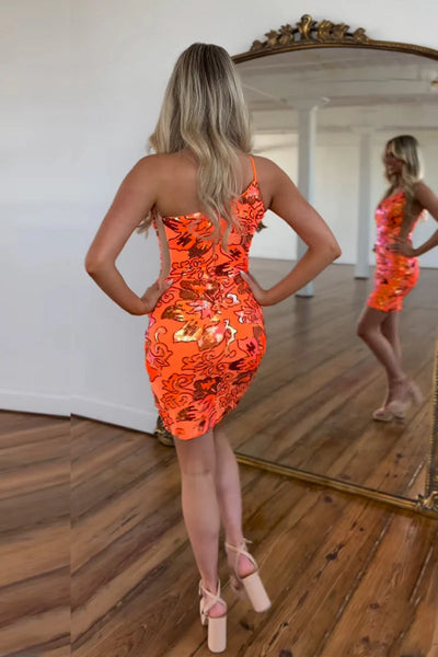 Orange Sequins Lace One Shoulder Tight Short Homecoming Dresses DM24082217