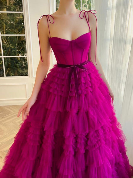 Cute A Line Sweetheart Fuchsia Tiered Tulle Prom Dresses