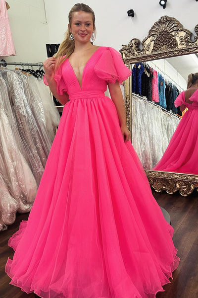 Pink Ball Gown V Neck Tulle Long Prom Dresses with Ruffled Sleeves DM24091003