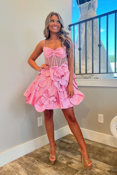 Pink Sweetheart A-Line Short Homecoming Dresses with 3D Flowers DM24091405