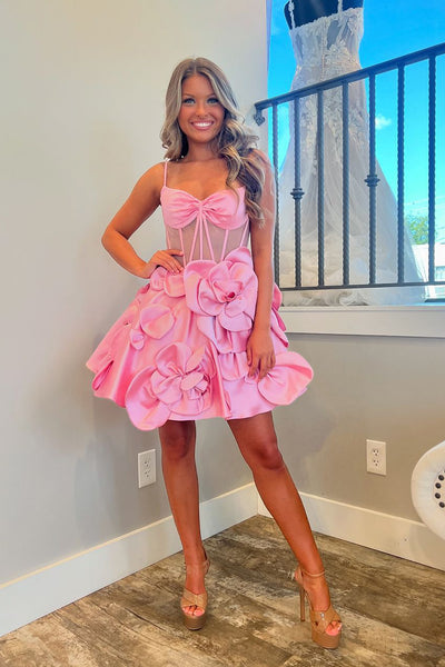 Pink Sweetheart A-Line Short Homecoming Dresses with 3D Flowers DM24091405