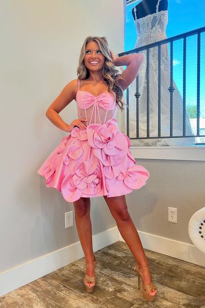 Pink Sweetheart A-Line Short Homecoming Dresses with 3D Flowers DM24091405