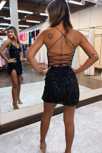 Pink V Neck Sequins Tight Short Homecoming Dresses with Slit DM082301
