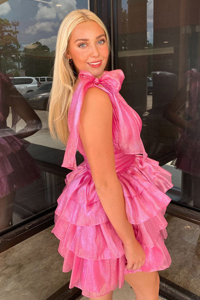 Pink V Neck Tiered Satin A-Line Homecoming Dresses DM24082803