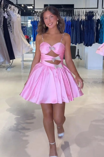 Pretty A-Line Pink Short Homecoming Dress with Bows DM24083006