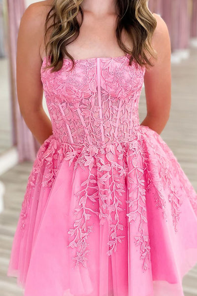 Pretty A-Line Strapless Pink Tulle Short Homecoming Dresses with Appliques DM24081303