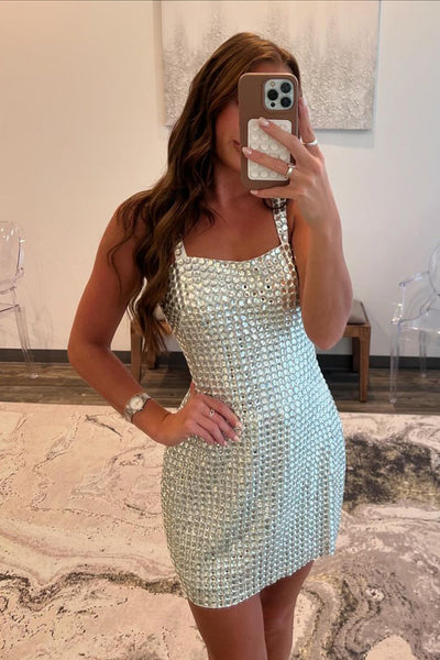 Silver Scoop Neck Tight Short Homecoming Dress with Beadings DM24083003