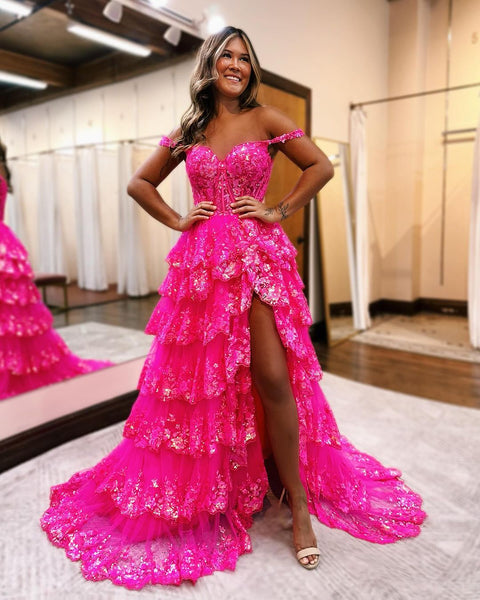 Stunning A-Line Off the Shoulder Blue Lace Appliques Long Prom Dresses with Slit LD3070303