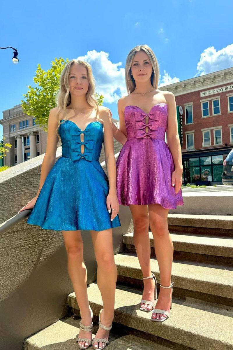 Sparkly A-Line Sweetheart Purple Short Homecoming Dresses with Bows DM –  Dressmeet