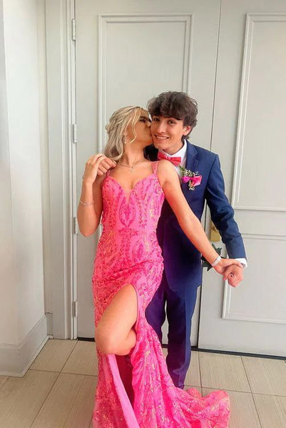 Sparkly Mermaid V Neck Pink Sequins Slit Prom Dress DM25010404-1