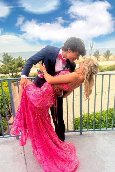 Sparkly Mermaid V Neck Pink Sequins Slit Prom Dress DM25010404-2