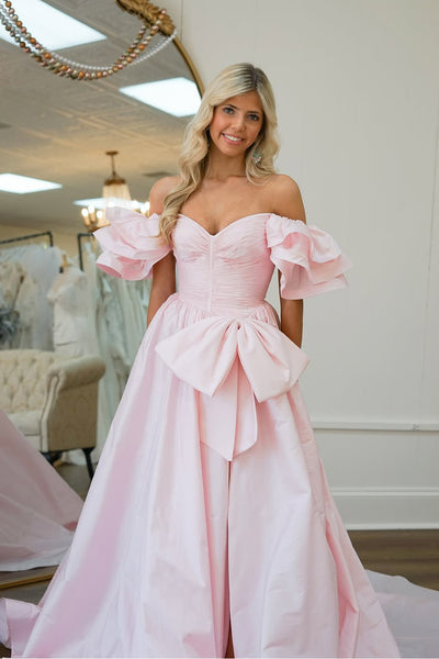 Sweet Ball Gown Off the Shoulder Pink Satin Prom Dress with Bow DM24122412-2