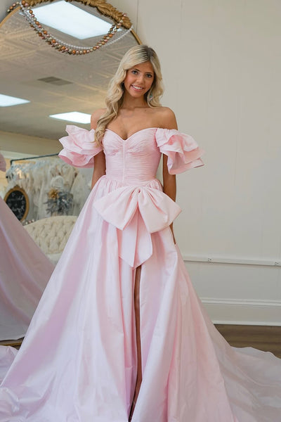 Sweet Ball Gown Off the Shoulder Pink Satin Prom Dress with Bow DM24122412