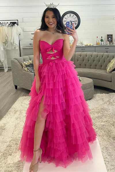 Sweetheart A Line Light Pink Dot Tiered Prom Dress with Slit DM25010411-9