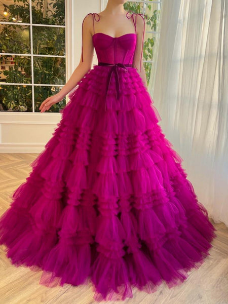 Cute A Line Sweetheart Fuchsia Tiered Tulle Prom Dresses
