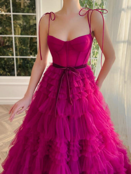 Cute A Line Sweetheart Fuchsia Tiered Tulle Prom Dresses