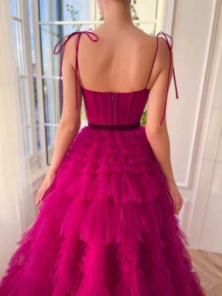 Cute A Line Sweetheart Fuchsia Tiered Tulle Prom Dresses