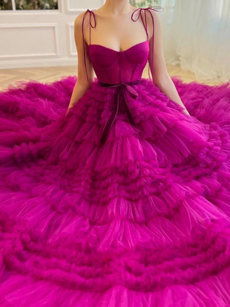 Cute A Line Sweetheart Fuchsia Tiered Tulle Prom Dresses