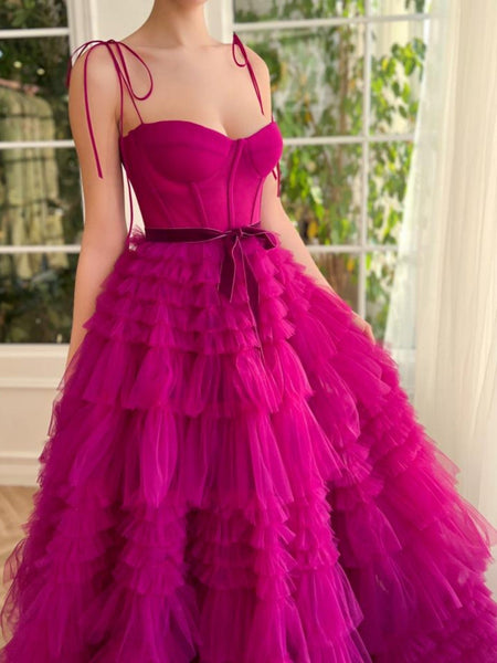 Cute A Line Sweetheart Fuchsia Tiered Tulle Prom Dresses