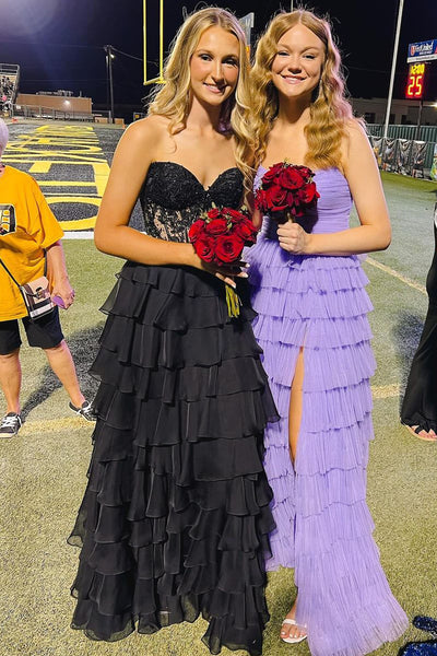 Cute A Line Sweetheart Black Chiffon Tiered Long Prom Dresses with Slit MD24100509