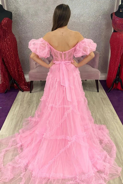 A Line Off the Shoulder Fuchsia Tulle Corset Prom Dress with Bowknot DM3082802