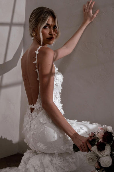 Fairy Mermaid Square Neck Lace Wedding Dresses with 3D Appliques DM24101510