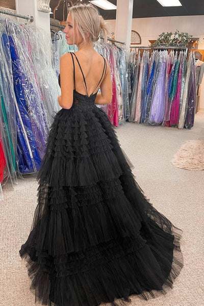 High-Low Tulle Plunge V Tiered Formal Gown with Ruffles MD103005