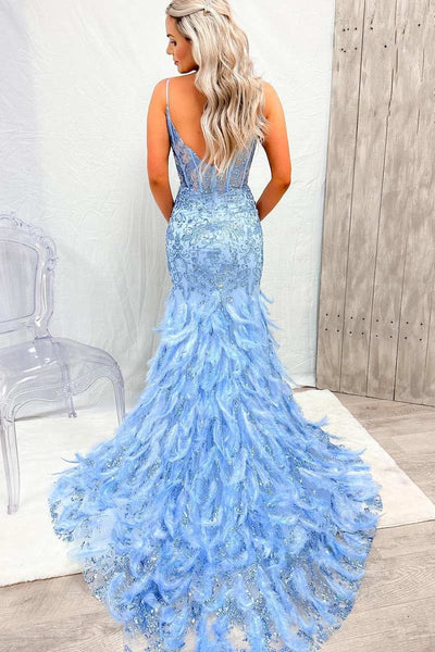Blue Sequin Appliques V-Neck Mermaid Long Prom Gown with Feathers MD110102