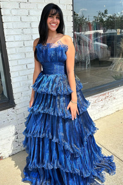 Navy A-Line Tiered Strapless Organza Long Prom Dress DM3082719