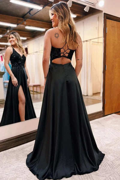 Sparkly Black A-Line Long Prom Dress with Pockets MD110605