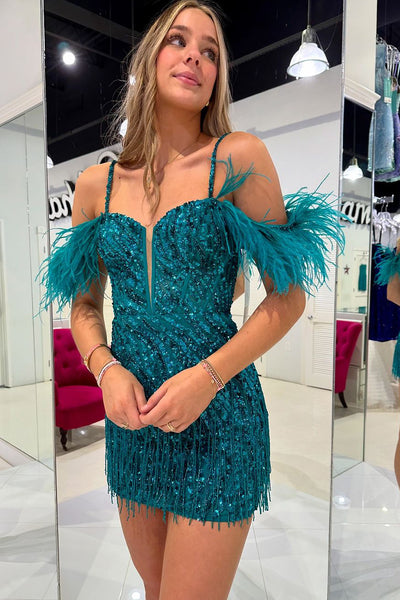 Bodycon Cold Shoulder Peacock Blue Sequins Homecoming Dresses with Feather DM24081020