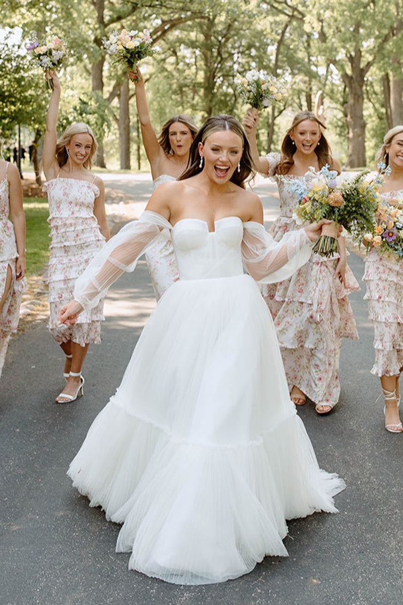 Fairy A Line Sweetheart Tulle Long Wedding Dresses with Long Sleeves DM091301 Dressmeet Fairy A Line Sweetheart Tulle Long Wedding Dresses with Long Sleeves DM091301 Dressmeet