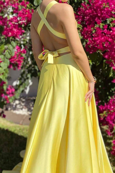 Stylish A Line Deep V Neck Yellow Long Prom Dress with Criss Cross Back MD112509