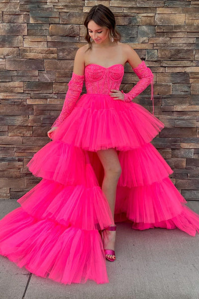 Hot Pink Lace Corset Tiered High-Low Prom Gown  MD092403