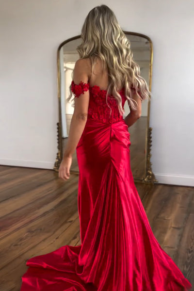 Charming Mermaid Off the Shoulder Slit Prom Dresses with Appliques DM102108